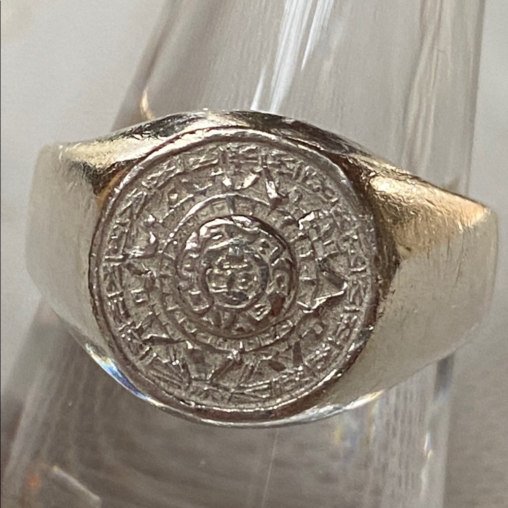 Mexican 925 Sterling Silver Coin Aztec Calendar Signet Ring 7.25